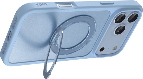Lichtblauwe telefoonhoes met een mat grijze achterkant en een uitklapbare ringstandaard.