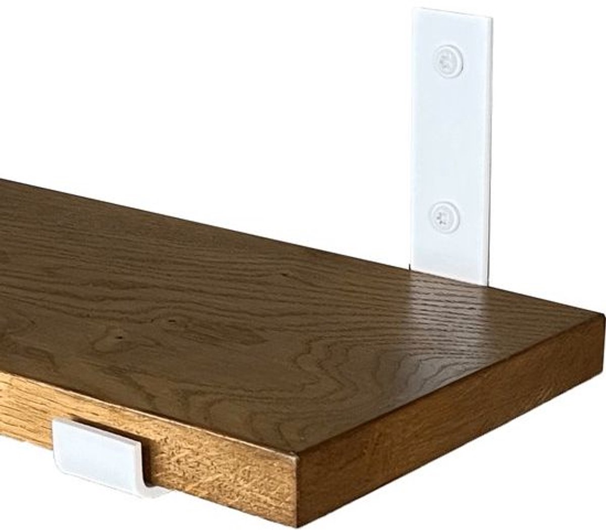 GoudmetHout Donkere Eiken Wandplank - 240x20 cm - Plankdragers L-UP Mat Wit Donker eiken