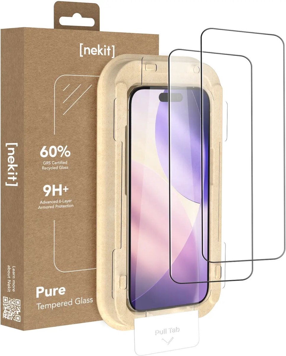 NEKIT Pure - Duo Pack Tempered Glass Geschikt voor Apple IPhone 18 Pro - 9H+ Gehard - GRS Gerecycled Glas - Screen Protector met Installatiebox - Case Friendly