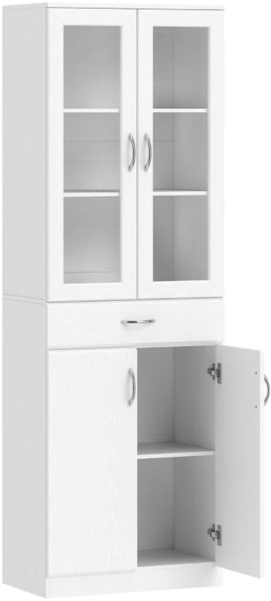 ZYLARO Keukenonderkast - Buffetkast Met Verstelbare Planklade - 2 Kasten - Hoge Kast Met Glazen Deur - 60 x 35 x 180 cm - Wit