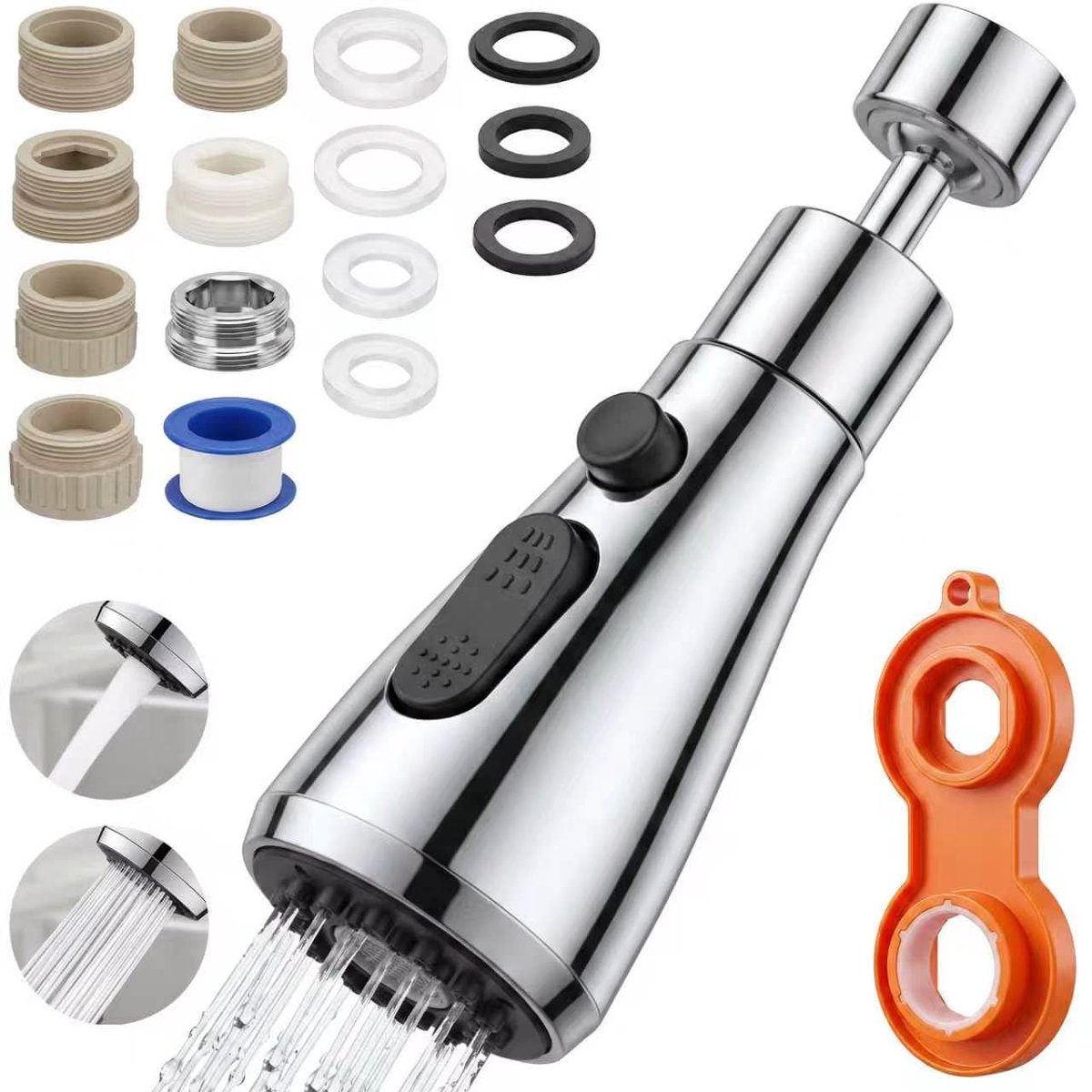 Universeel Kraanopzetstuk - 360° Draaibaar - Met 2 Sproeistanden - Waterbesparend - Voor Keuken en Badkamer - Inclusief 7 Adapters M24 M22 M20