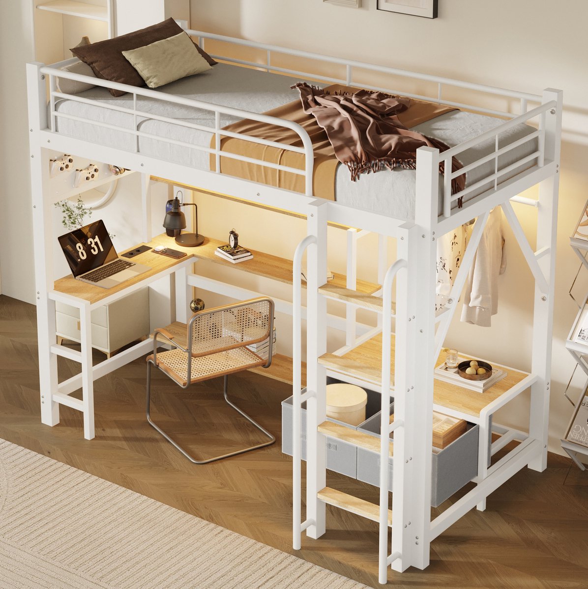 MIVRAY Hoogslaper 90 x 200 cm - Met Bureau, Opbergruimte, LED Verlichting en USB - Met Ladder en Veiligheidshek - Metaal en MDF - Wit