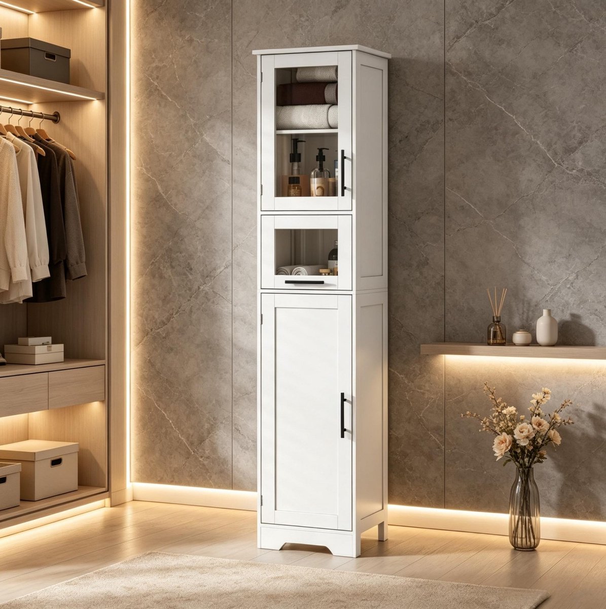 REDOM - Badkamer hoge kast - Vrijstaand - 1 lade - 2 deuren - Verstelbare planken - MDF en glas - Wit - 40 x 31 x 170 cm