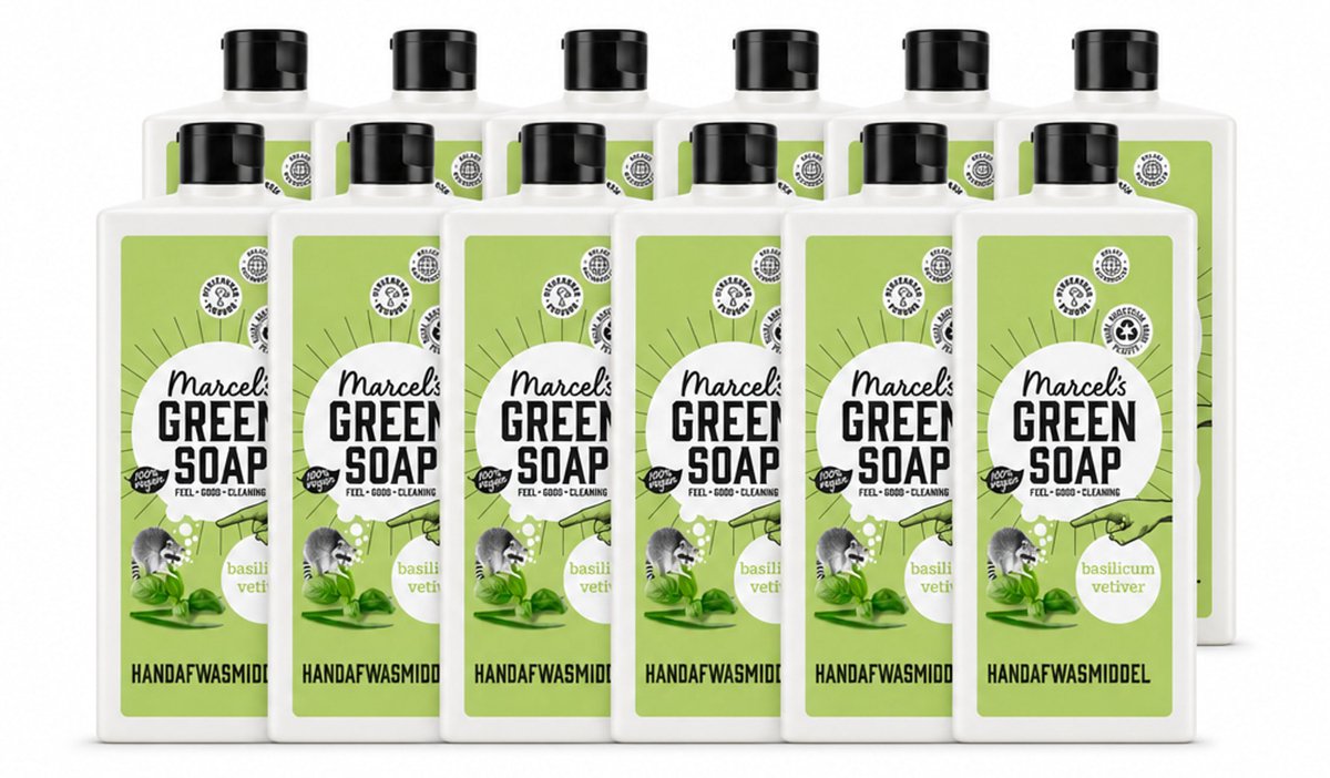12 x Marcel's Green Soap - Afwasmiddel - Basilicum & Vetiver Gras - Plantaardig & duurzaam - 500 ml - Voordeelverpakking - 12 stuks