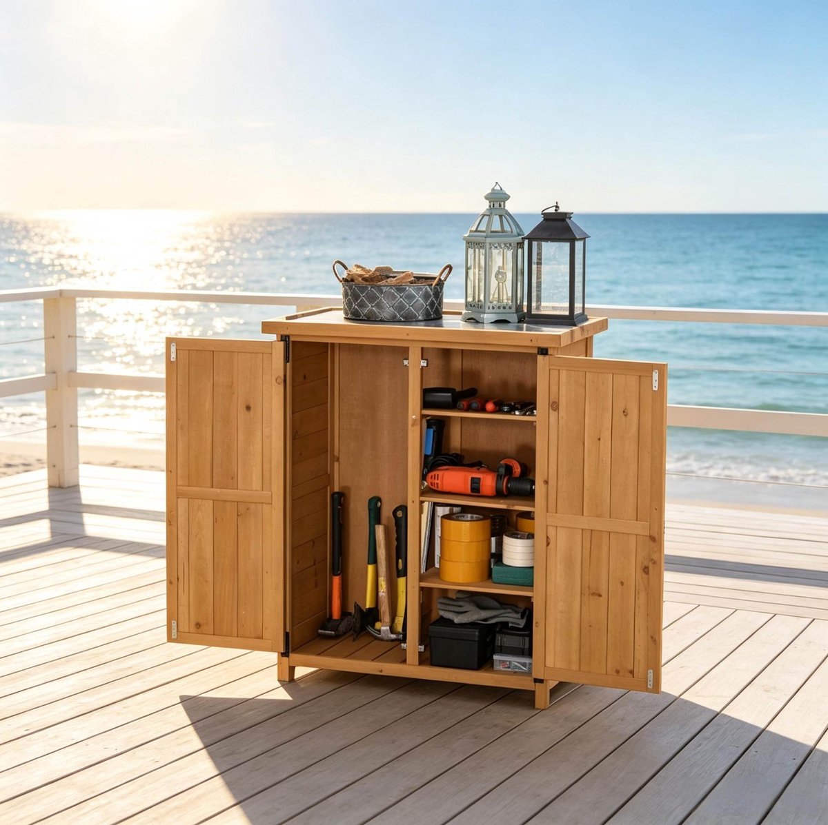DESMIU Gartenschrank - Outdoor Opbergkast Met 2 Deuren En 3 Planken - Voor Tuingereedschap In Tuin En Terras - Hout - 75x40x90 Cm - Geel