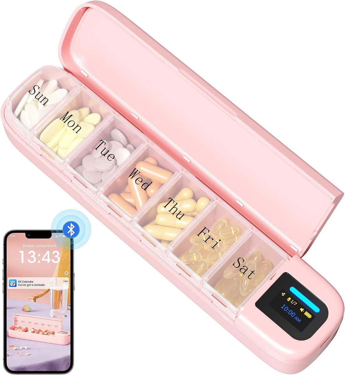 Automatische Pillendispenser - Slimme Pillenorganizer met Alarm, Pillendoos voor 7 dagen met app, Reispillendoos voor een week, Draagbare Pillenherinnering voor Medicijnen, Supplementen en Vitaminen (Roze)