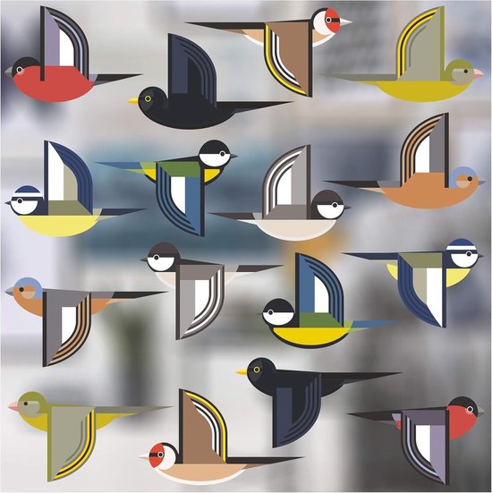 Een mozaïek van gestileerde vliegende vogels in verschillende kleuren, waaronder rood, zwart, bruin, geel, blauw en grijs.