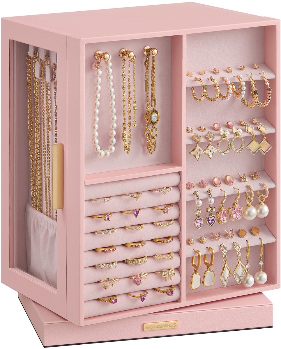 Elzusha - 360° draaibare sieradenbox met 5 lades - Pastelroze