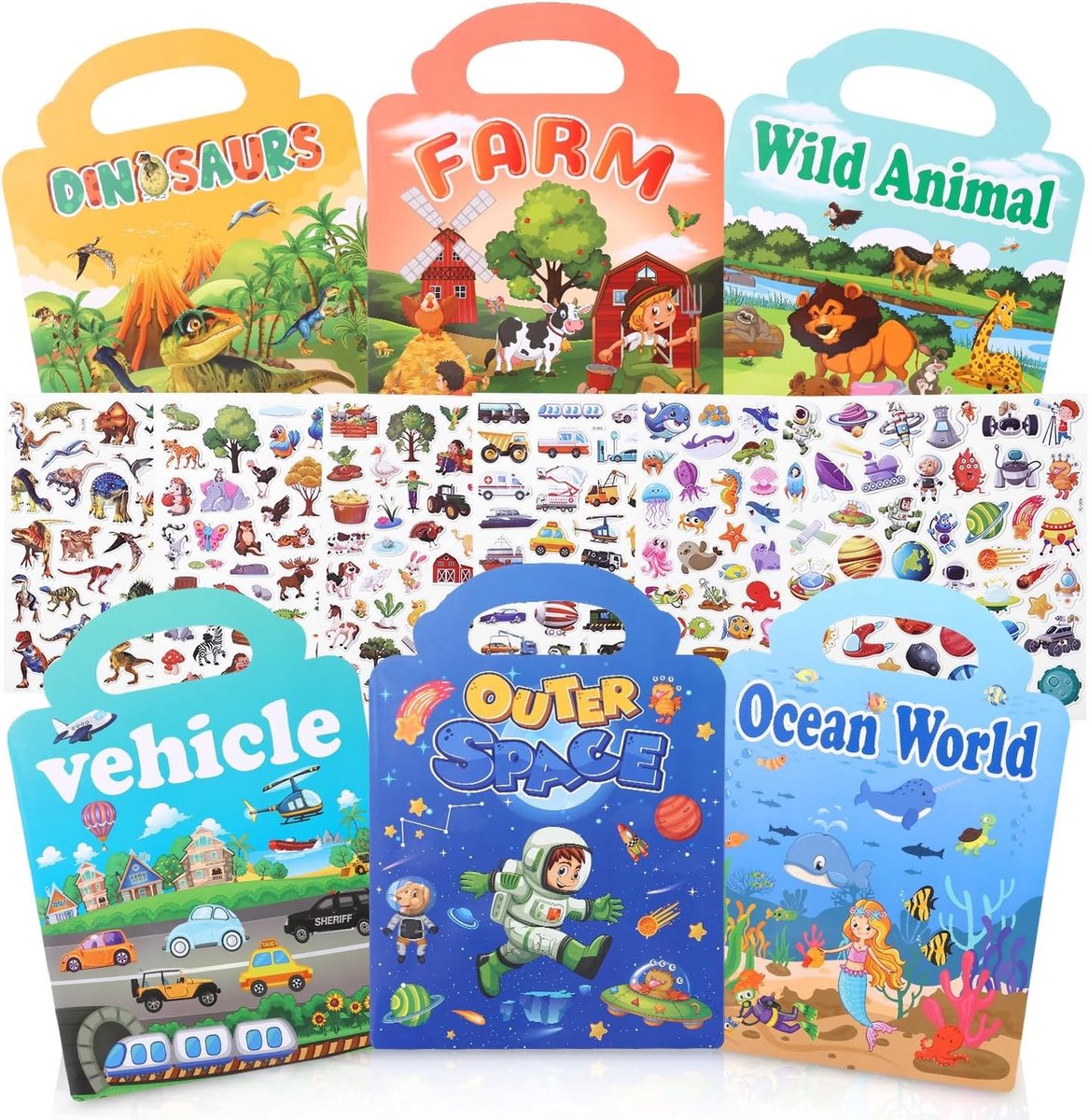 Set van 6 Herbruikbare Stickerboeken voor Kinderen, 3D Stickers, Dinosaurus, Dieren, Onderwaterwereld, Boerderij en Ruimte voor Leeftijd 2-4 Jaar