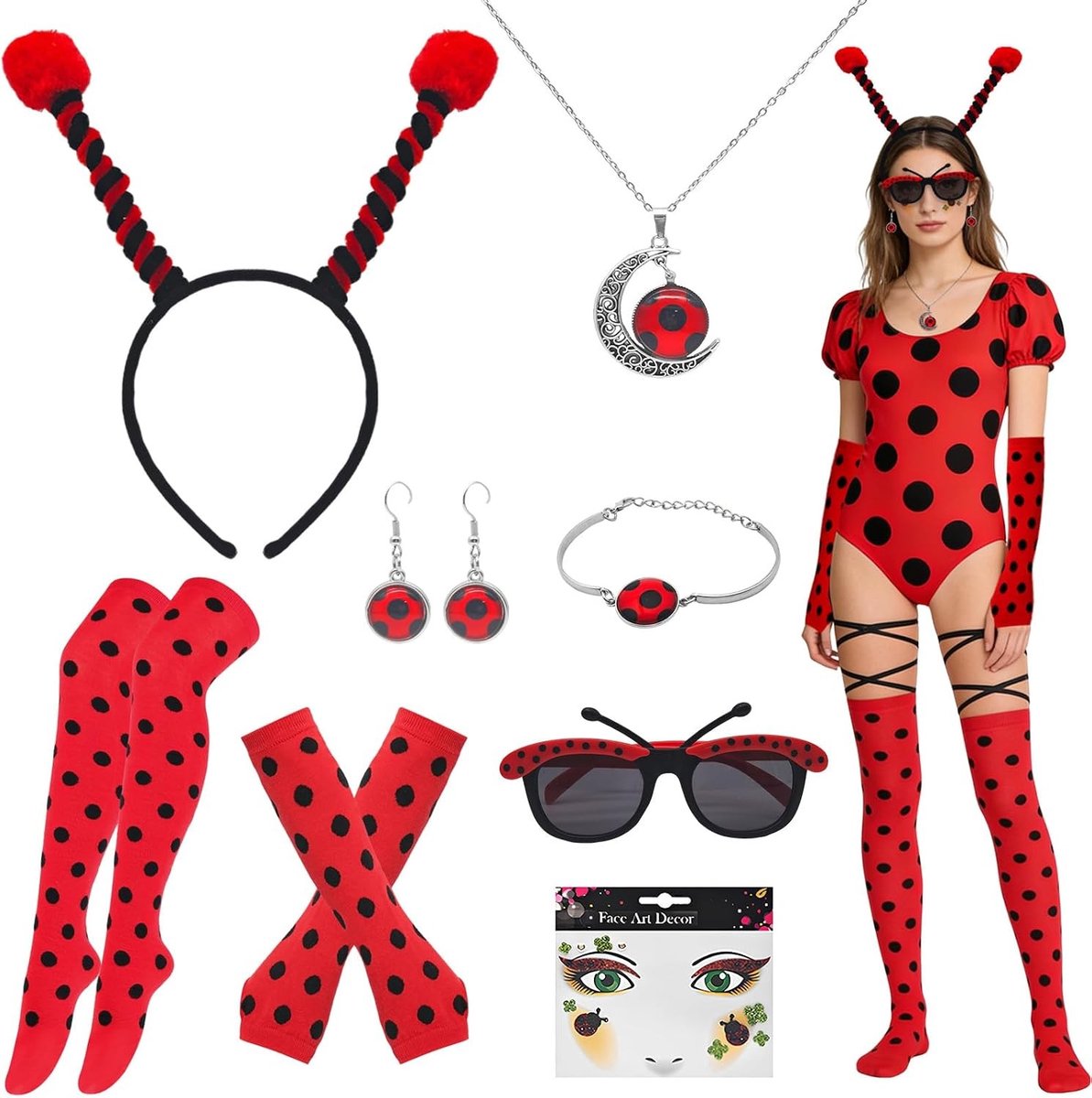Vrouwelijk Lieveheersbeestje Kostuum voor Carnaval met Haarband, Sokken, Mouwen en Accessoires