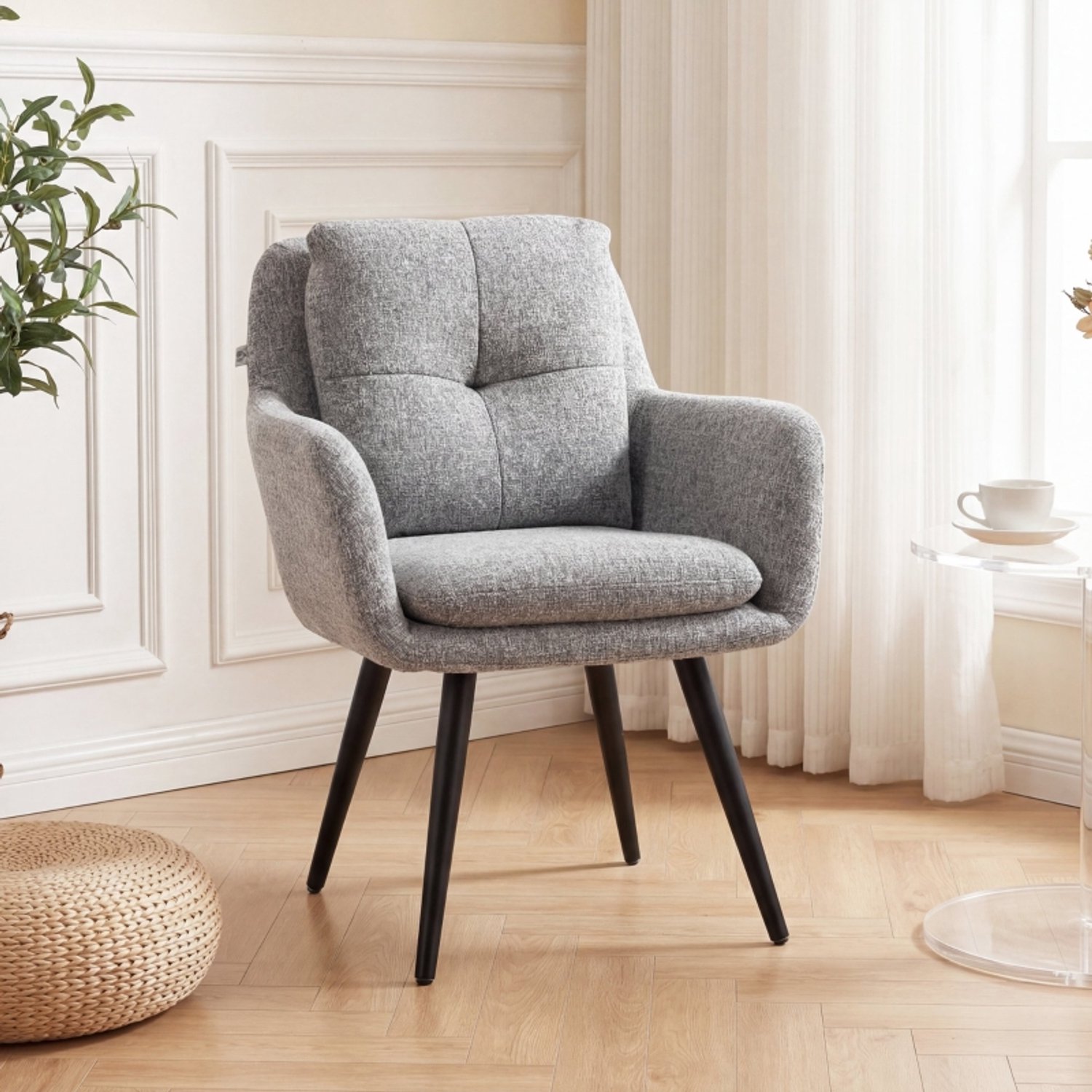 OKWISH Fauteuil 65 x 72 x 86 cm - Gestoffeerd met Armleuningen en Verstelbare Voetdopjes - Voor de Woonkamer - Linnenlook en Metaal - Lichtgrijs