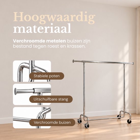 Hoogwaardig verchroomd metalen kledingrek, roest- en krasbestendig met stabiele poten.