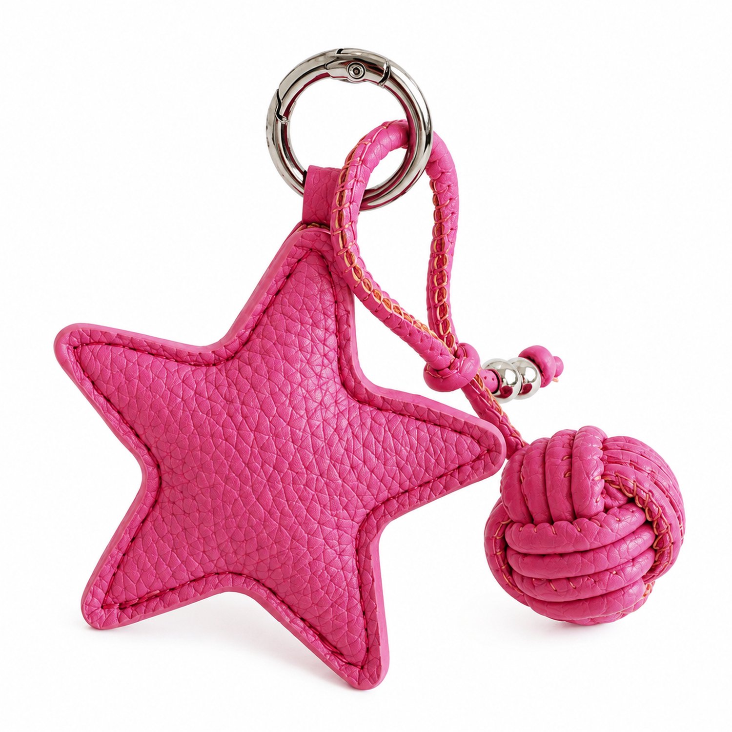 Sleutelhanger in felroze PU met vijfpuntige ster en geknoopte bal, metalen ring en decoratieve lus, tashanger