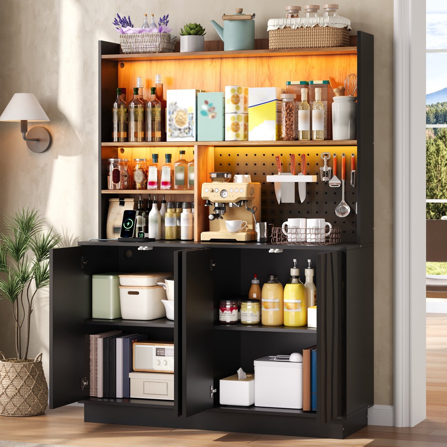 HAUSS SPOLE Keukenkast - Ledverlichting En Stopcontacten - Opbergruimte Voor Keuken En Eetkamer - Mdf - Zwart En Naturel - 120x43x160 Cm Zwart en naturel houtkleur