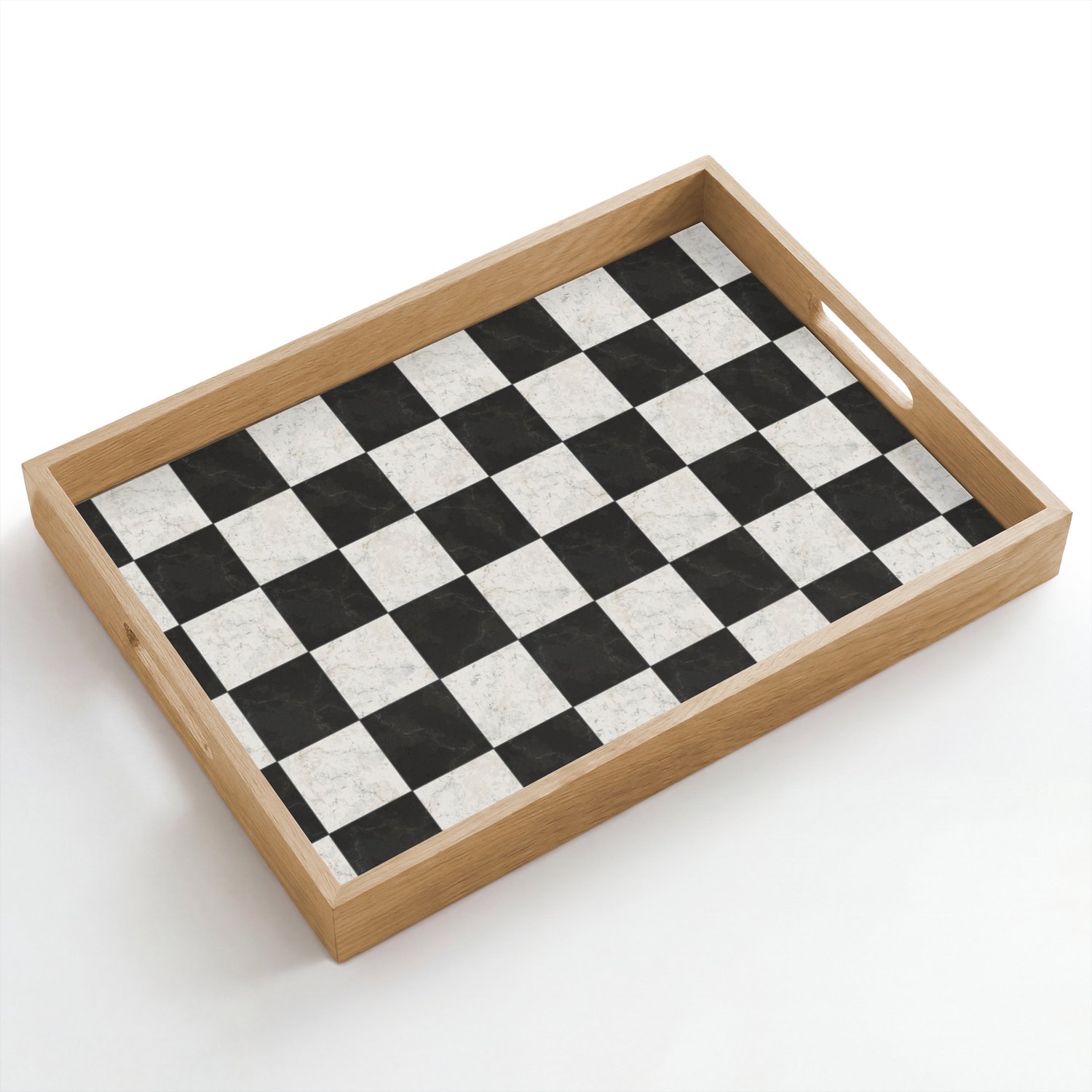 Dienblad hout 50x35 cm - Schootdienblad - Dambord - Marmer - Zwart - Wit - Borrelplank rechthoek - Plateau dienbladen