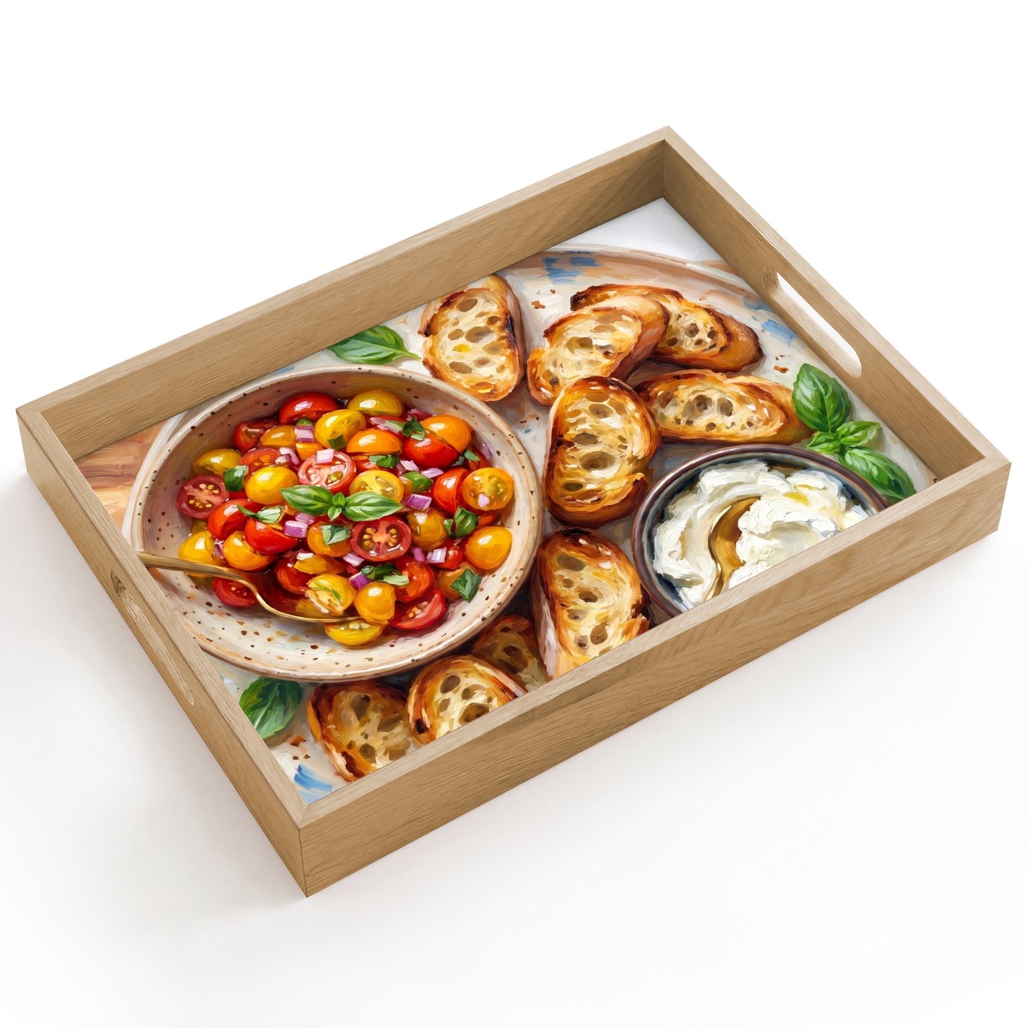 Dienblad hout 40x30 cm - Schootdienblad - Eten - Tomaat - Brood - Kleurrijk - Keuken - Borrelplank rechthoek - Plateau dienbladen