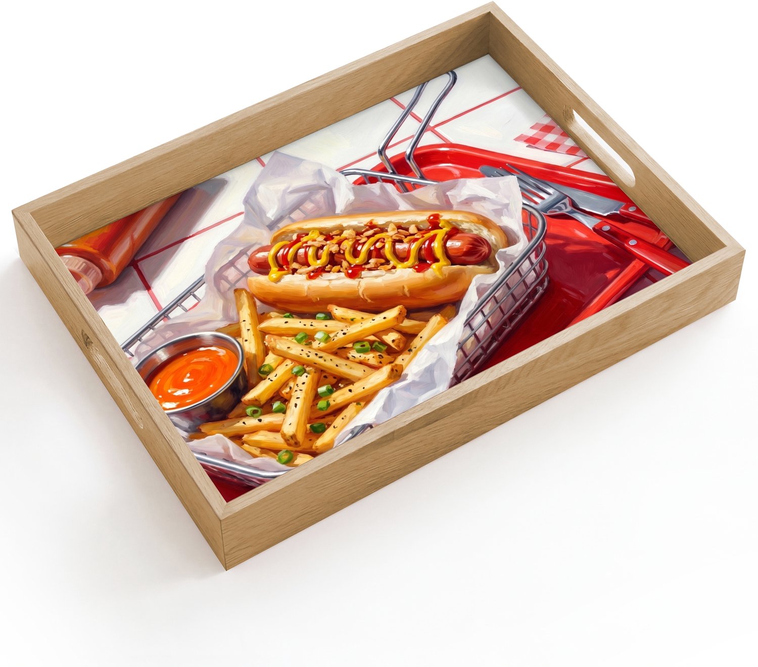 Dienblad hout 40x30 cm - Schootdienblad - Eten - Hotdog - Fastfood - Modern - Rood - Borrelplank rechthoek - Plateau dienbladen