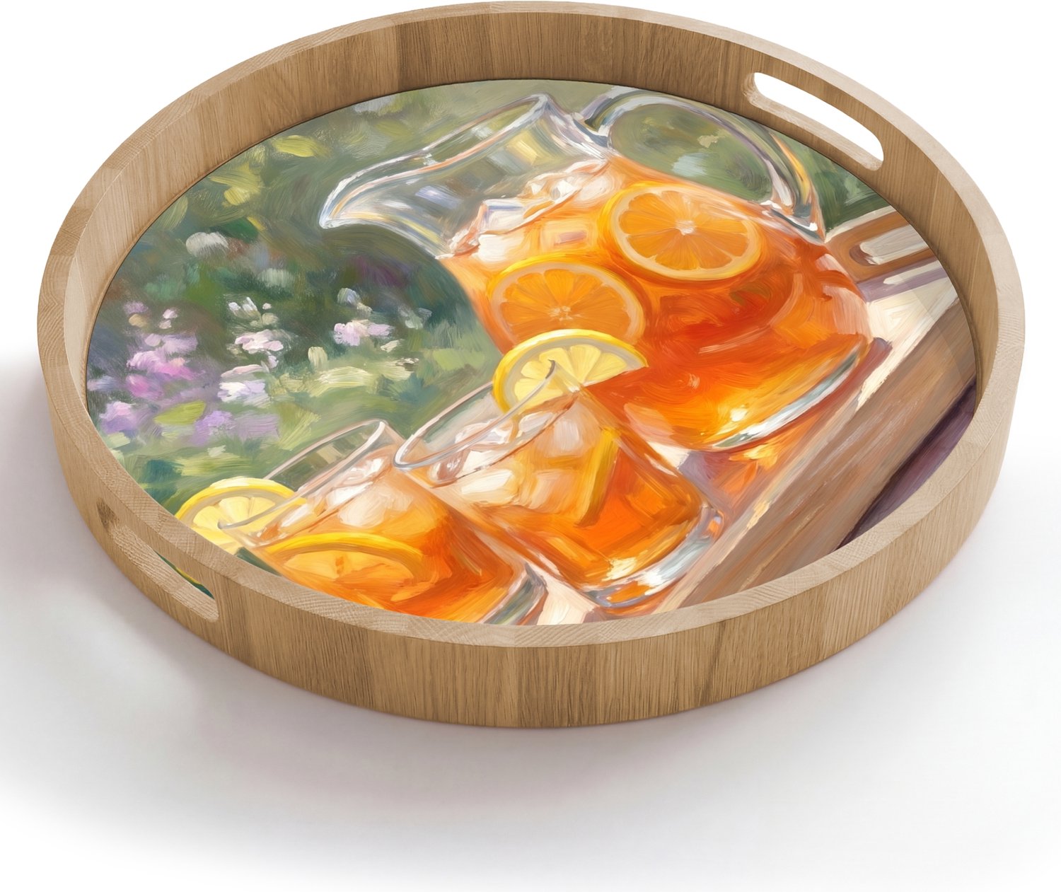 Dienblad rond 50x50 cm - Schootdienblad hout - Drank - Citroen - Zomer - Tuin - Geel - Borrelplank rechthoek - Plateau houten dienbladen