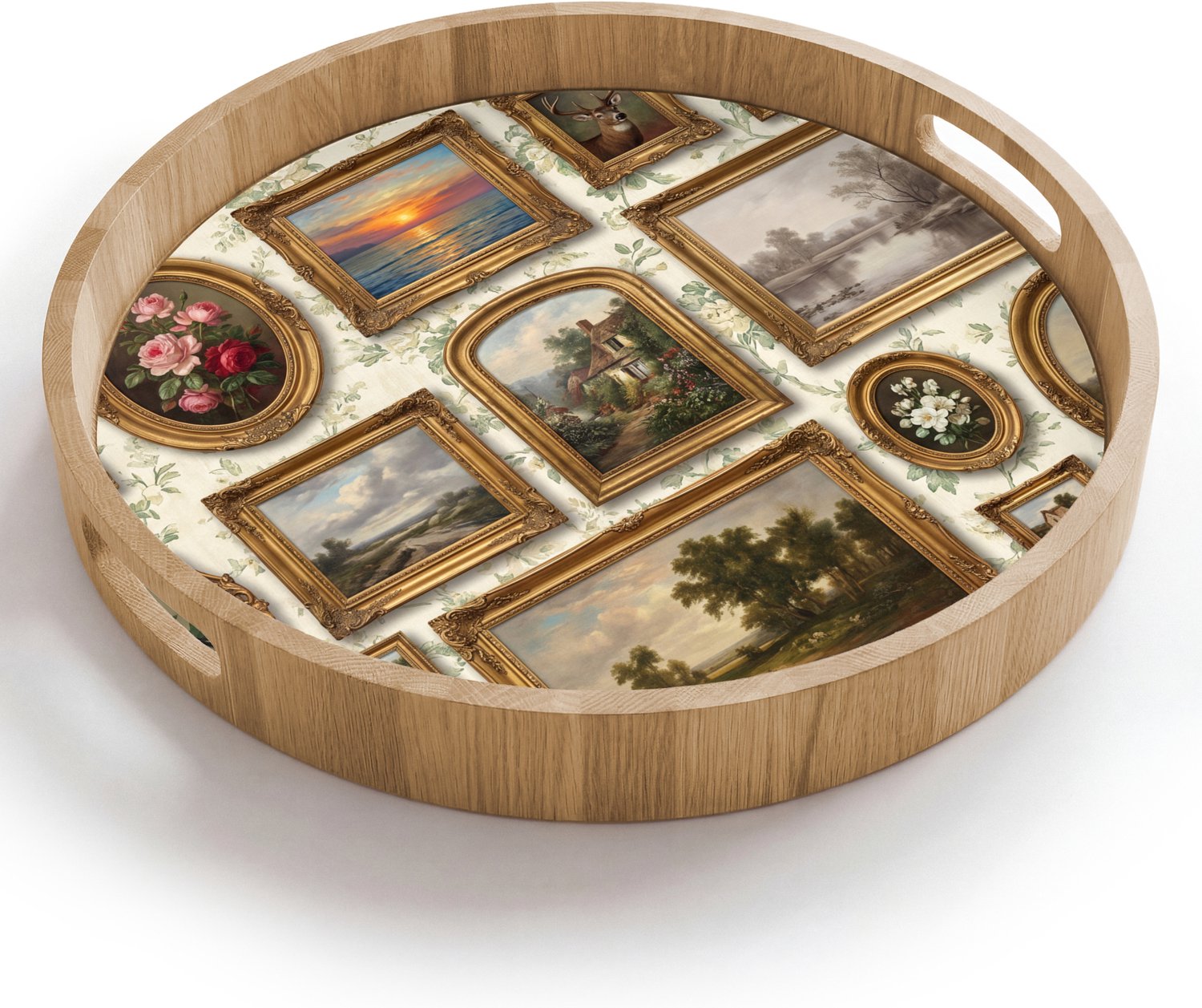 Dienblad rond 40x40 cm - Schootdienblad hout - Bloemen - Roze - Stilleven - Klassiek - Borrelplank rechthoek - Plateau houten dienbladen