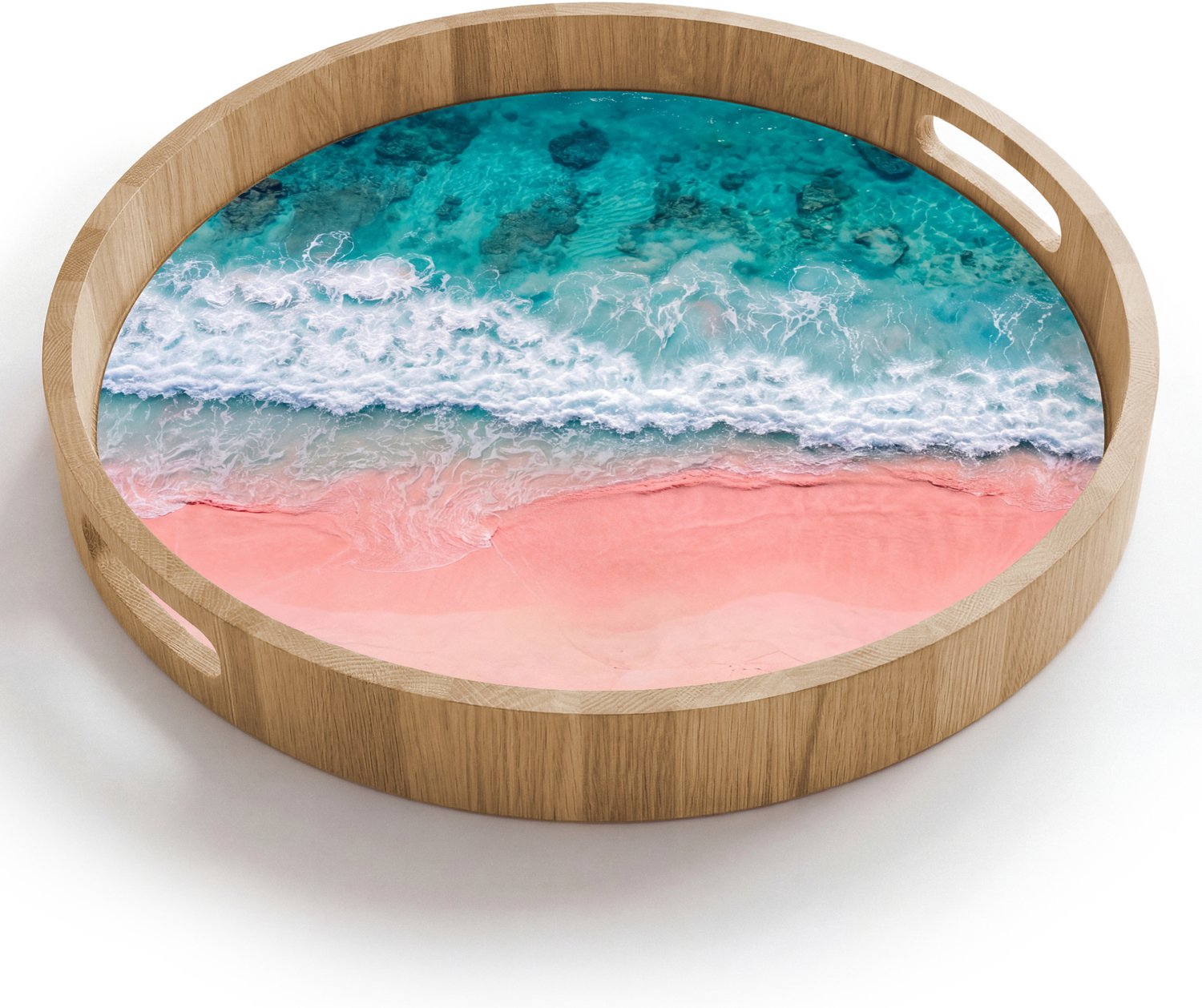 Dienblad rond 40x40 cm - Schootdienblad hout - Strand - Oceaan - Golven - Roze Zand - Natuur - Borrelplank rechthoek - Plateau houten dienbladen