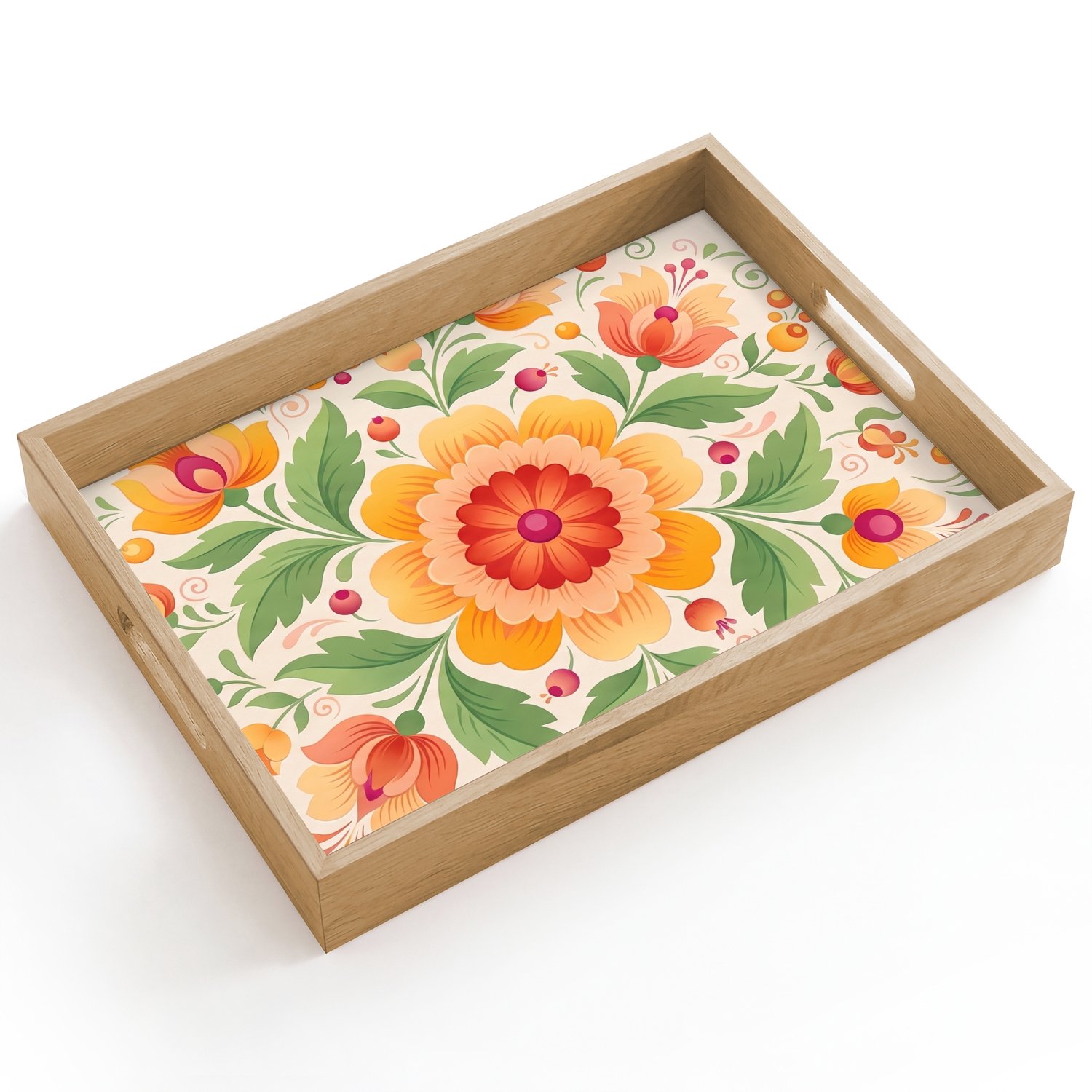 Dienblad hout 40x30 cm - Schootdienblad - Bloemen - Patroon - Decoratief - Oranje - Borrelplank rechthoek - Plateau dienbladen