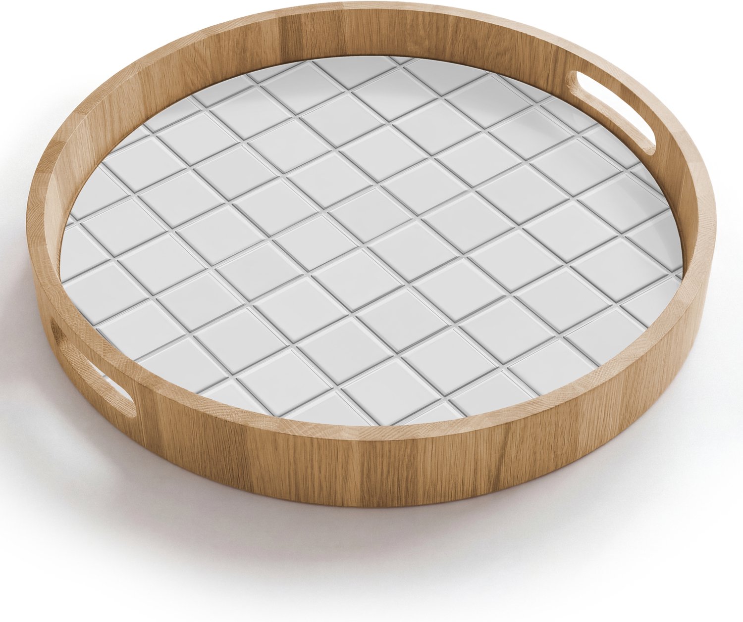 Dienblad rond 40x40 cm - Schootdienblad hout - Patroon - Tegels - Grijs - Wit - Borrelplank rechthoek - Plateau houten dienbladen