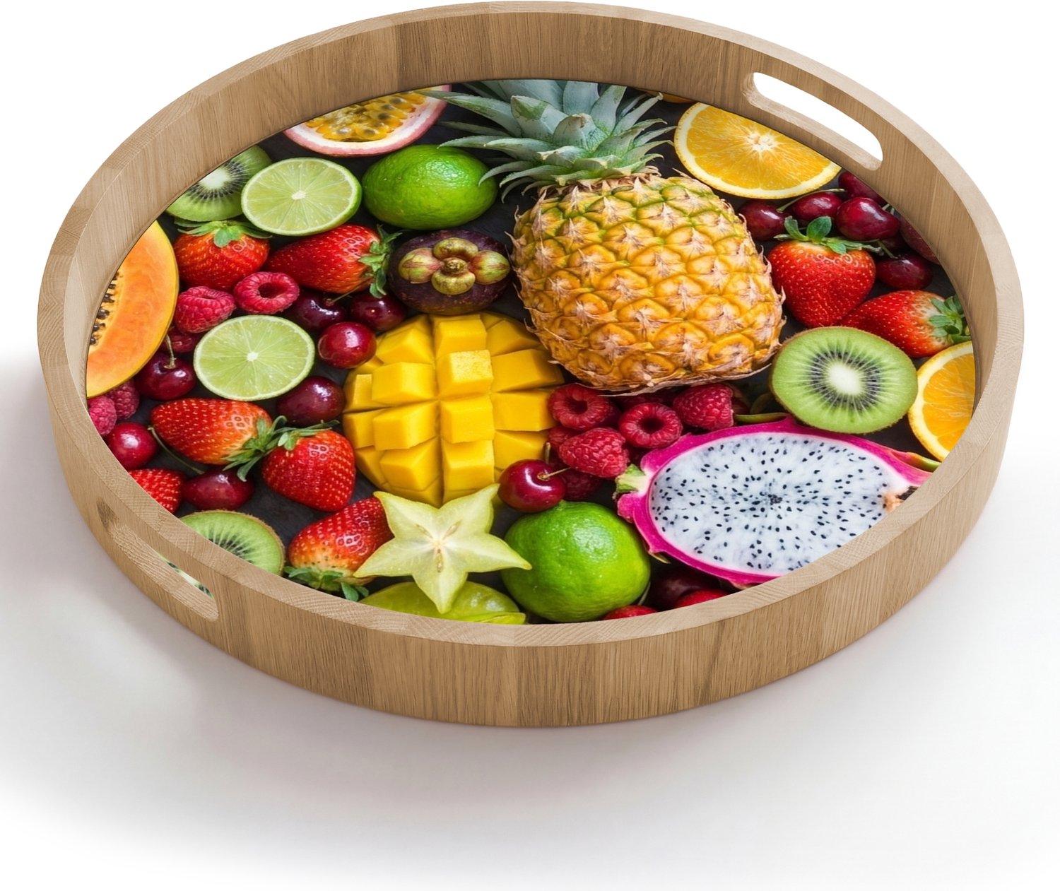 Dienblad rond 50x50 cm - Schootdienblad hout - Fruit - Assortiment - Vers - Gezond - Kleurrijk - Borrelplank rechthoek - Plateau houten dienbladen