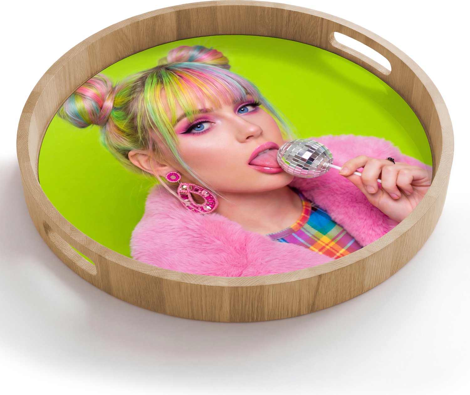Dienblad rond 50x50 cm - Schootdienblad hout - Vrouw - Kleurrijk haar - Pop art - Modern - Levendig - Borrelplank rechthoek - Plateau houten dienbladen