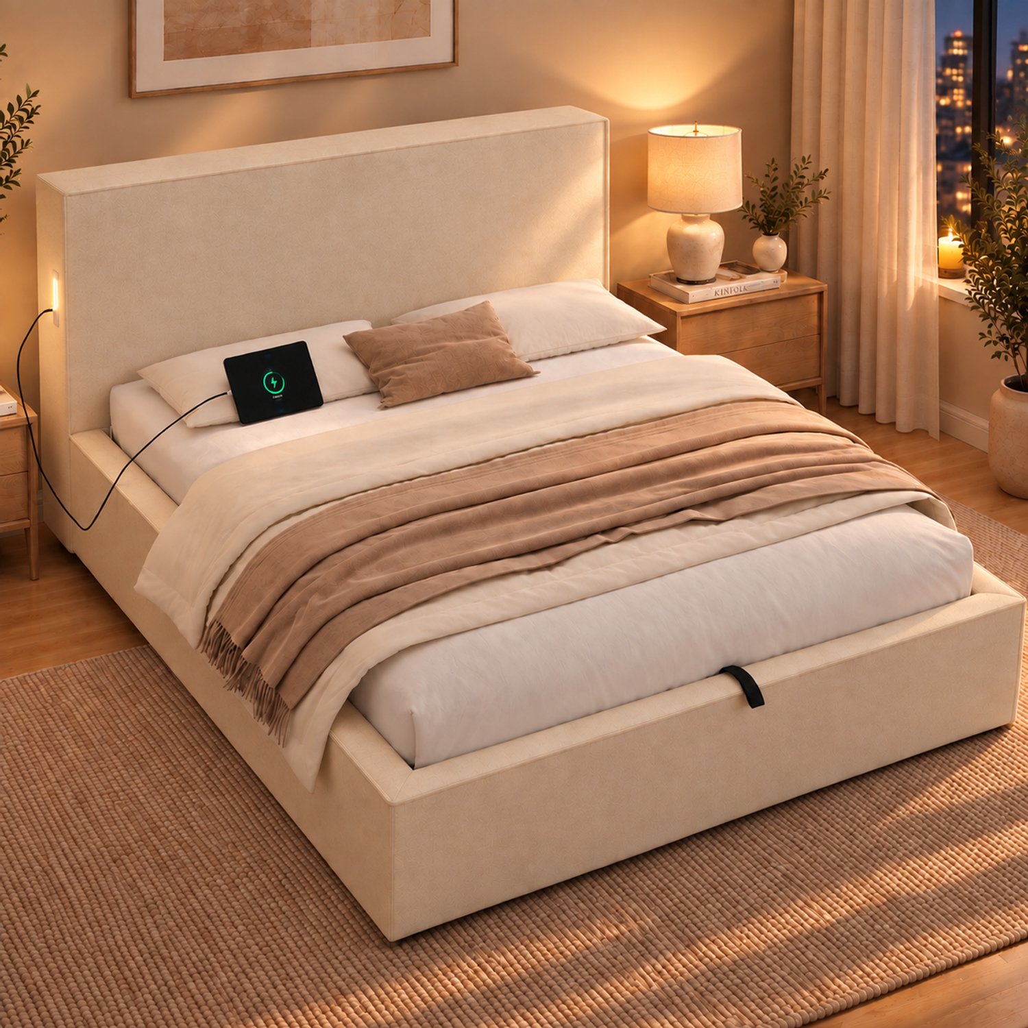 MIVRAY Bed 120x200 cm - Gestoffeerd Eenpersoonsbed met Hydraulische Opbergruimte - Met Lattenbodem - Zonder Matras - Chenille - Beige