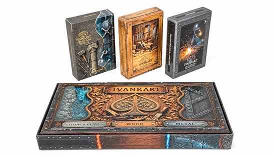 IVANKART giftset met drie speelkaarten-decks: Stone & Glass, Wood en Metal edities in een gedecoreerde doos.