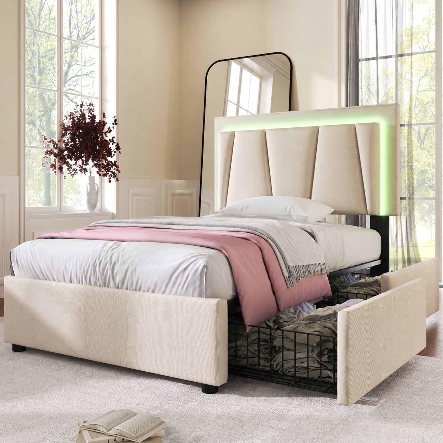 MUVANO Gestoffeerd eenpersoonsbed 90x200 cm - bed met twee opberglades en ledverlichting - verstelbaar hoofdbord, houten lattenbodem, beige