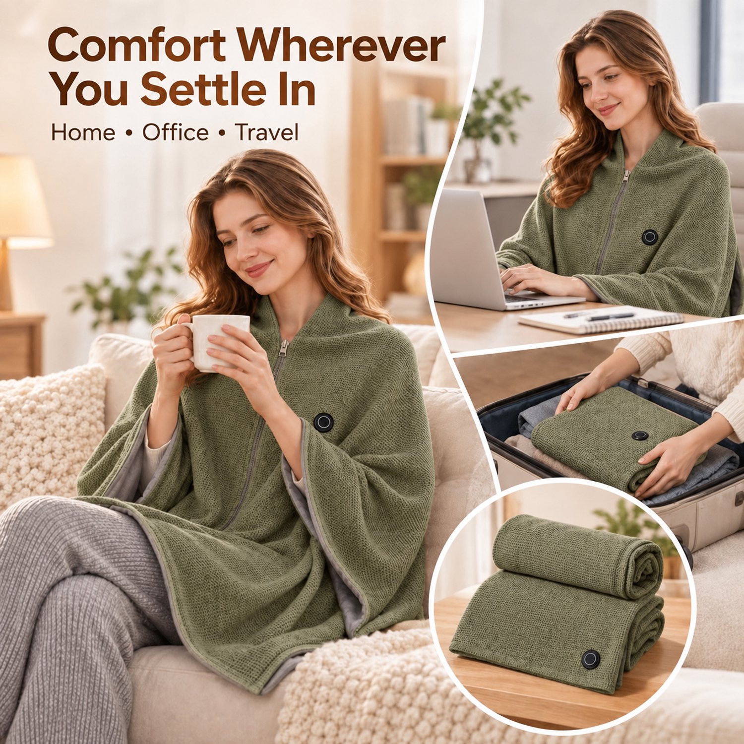 Ryoudavell - Draagbare Verwarmingsdeken Dames USB, 150x80cm Omslagdoek/Poncho met Rits, Gerichte Warmte voor Nek, Schouders, Rug en Benen - Zachte Synthetische Stof, Olijfgroen, voor Thuis, Kantoor, Reizen, Powerbank Niet Inbegrepen – foto 5