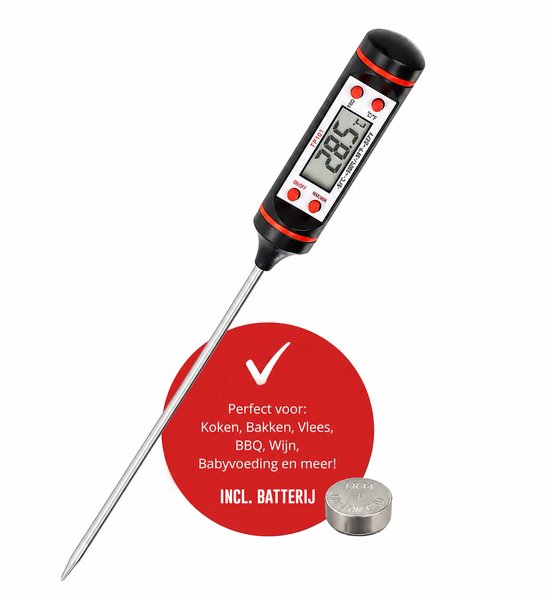 Zwarte digitale thermometer met rode knoppen en RVS pen, inclusief LR44-batterij voor diverse toepassingen.