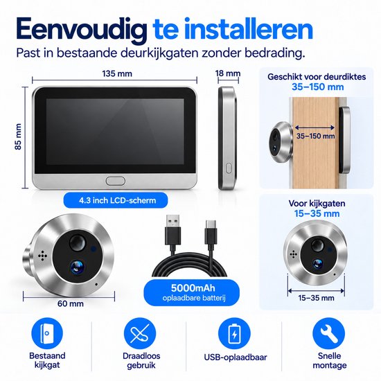 Technische specificaties van de digitale deurbel, inclusief afmetingen voor installatie in kijkgaten.