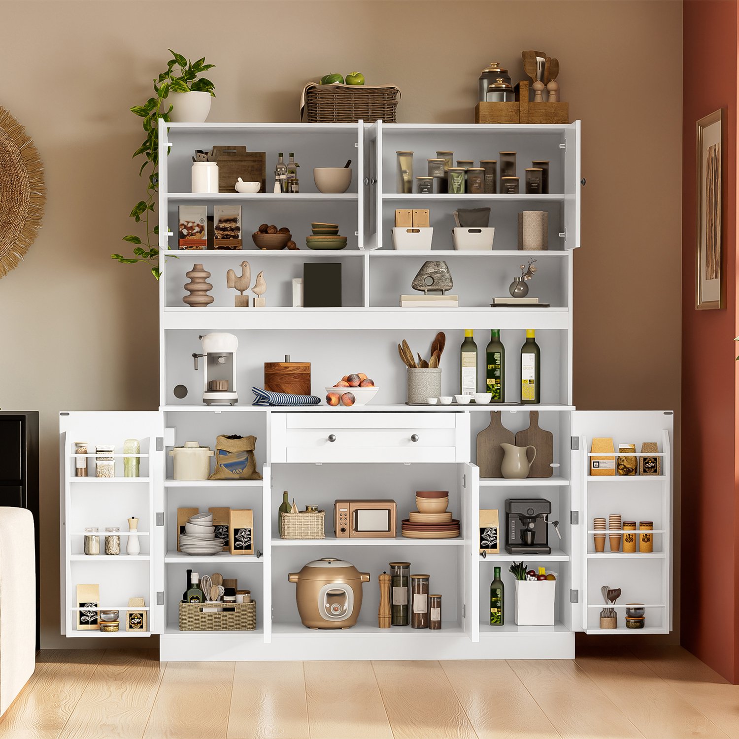 HAUSS SPOLE Keukenkast - Werkblad Met Stopcontact - Verstelbare Legplanken En Lade - Landelijke Stijl - MDF - 140x40x185 Cm - Crèmewit