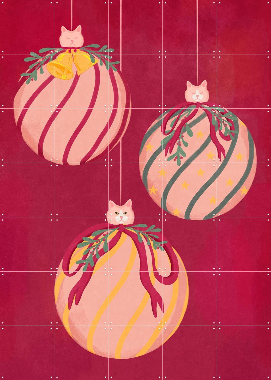 IXXI Catmas Ornaments, Raissa Oltmanns - 100 x 140 cm - Grote wanddecoratie en posters - Kleurrijk, Speels, Woonkamer, Winter, Kat, Kerst Rood
