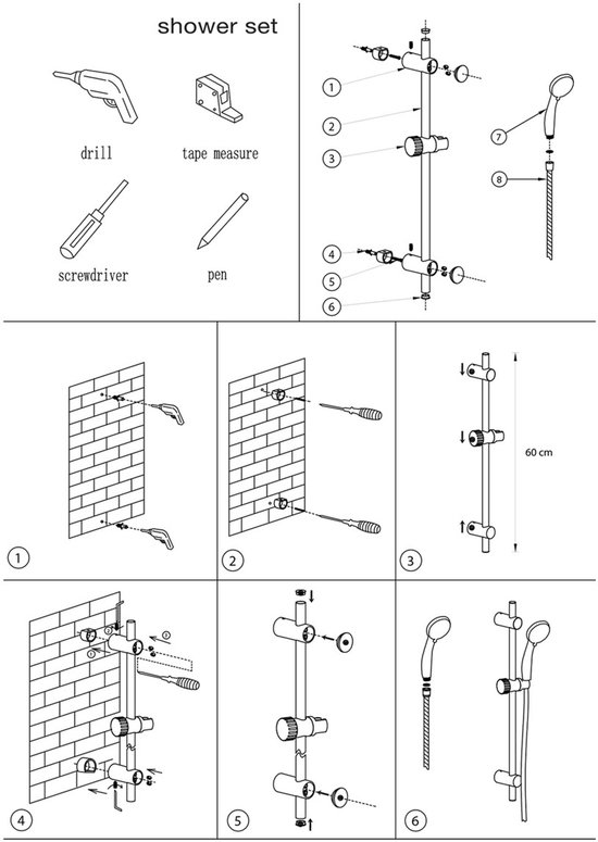 Stapsgewijze installatiehandleiding voor een doucheset met benodigd gereedschap.
