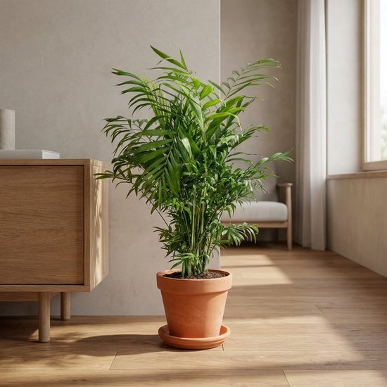 Chamaedorea Elegans kamerpalm in terracotta pot op houten vloer naast een houten dressoir.