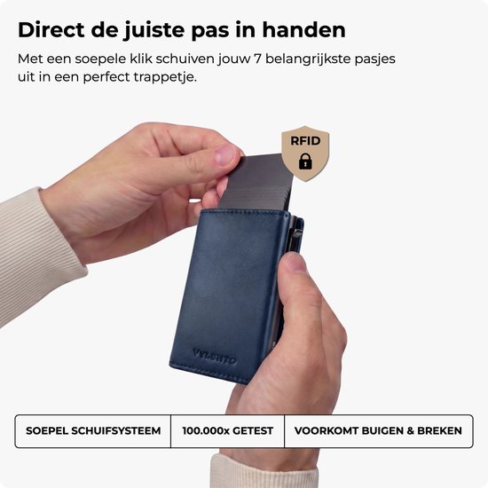Handen bedienen het uitschuifsysteem van de blauwe RFID-beschermde Vylento pasjeshouder.