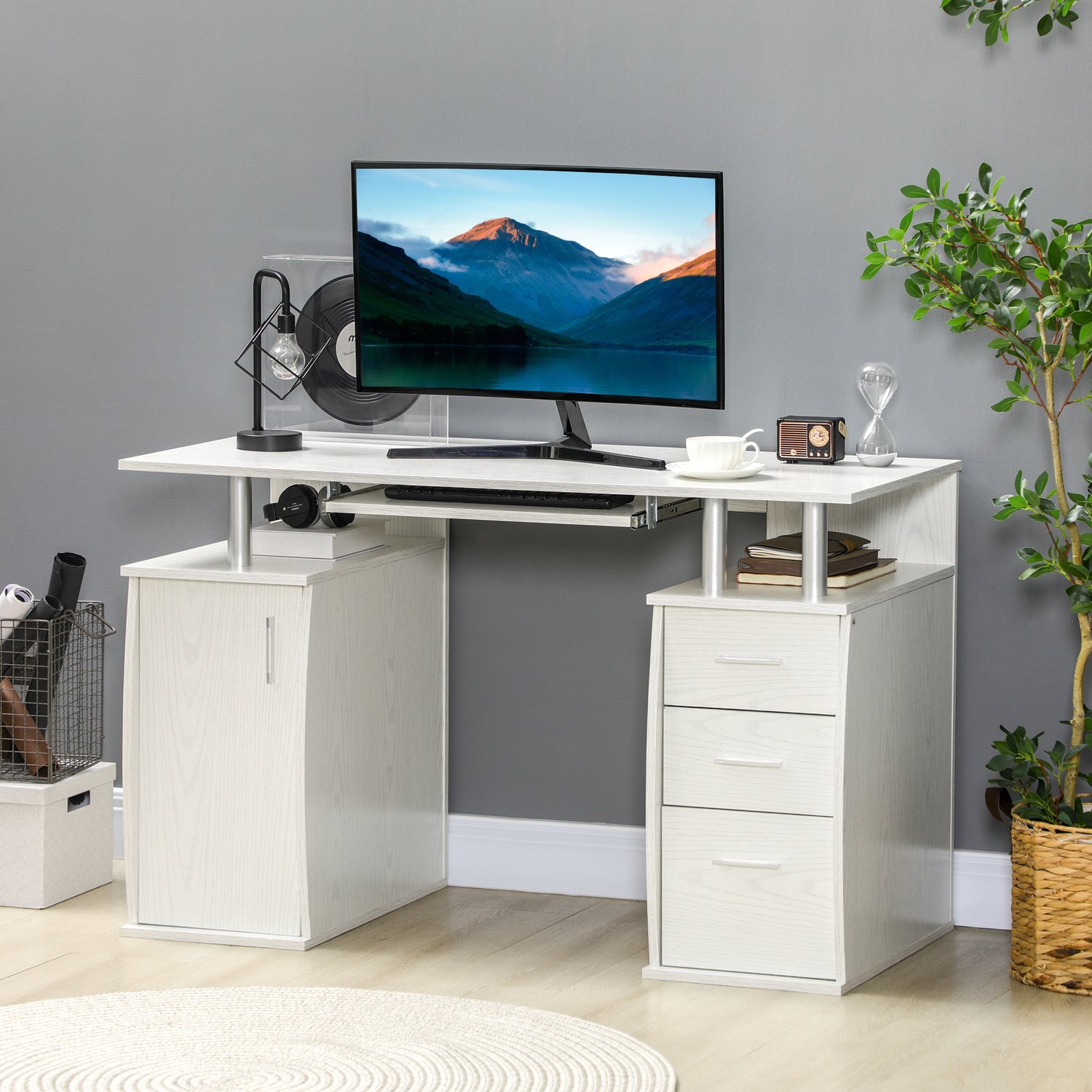 MUVANO Computerbureau - Bureau met 3 lades - Uitschuifbare toetsenbordlade - Computervak met deur - 120 x 55 x 75 cm - Opbergen - Thuiskantoor en slaapkamer wit
