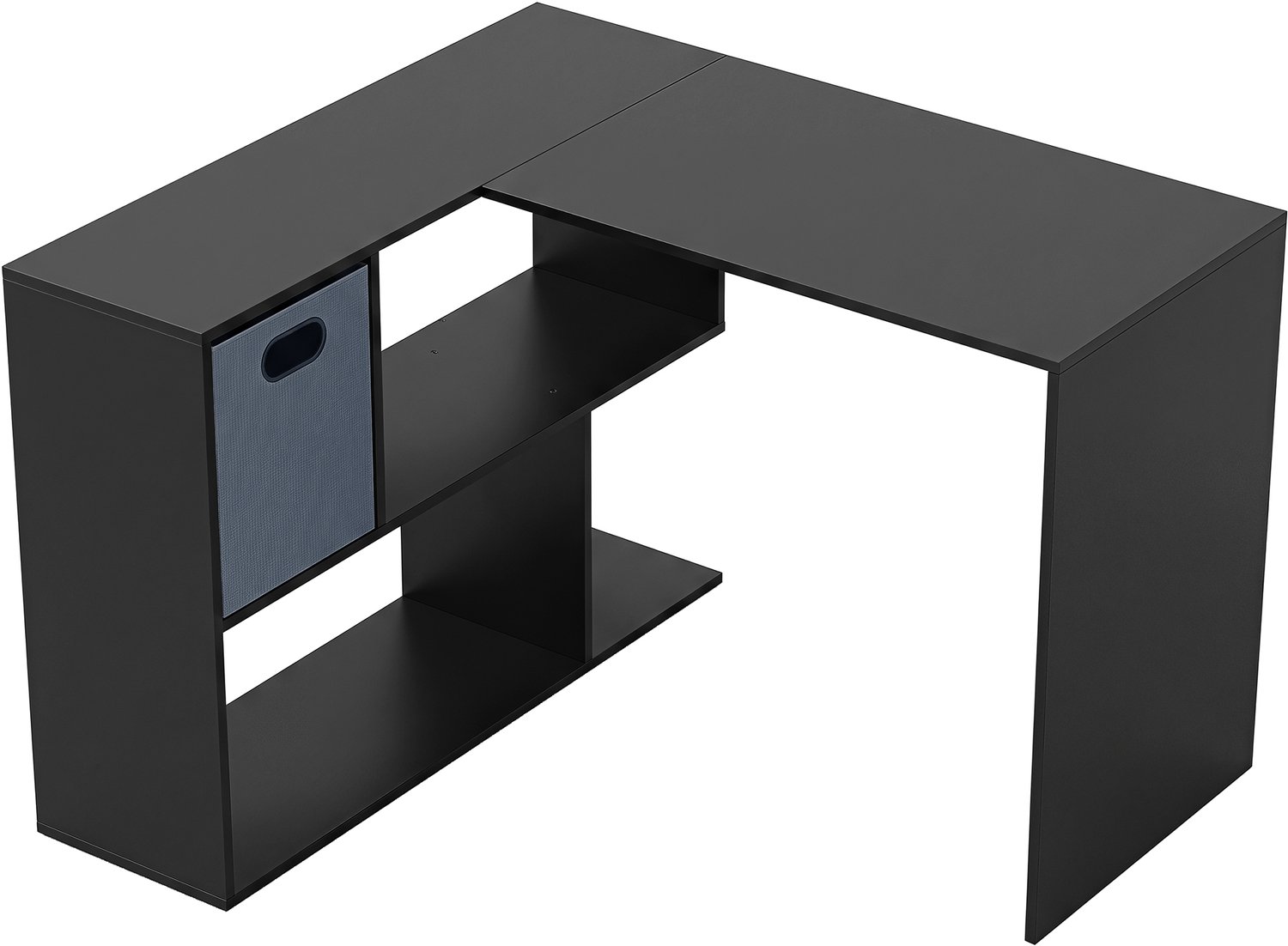 MUVANO Hoekbureau - Met stoffen lade - Vier open opbergvakken - Spaanplaat met melamine - 110 x 100 x 75 cm - Werken en studeren - Werkkamer of slaapkamer zwart