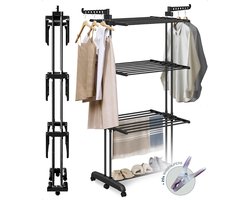 BAUER & MEYER® - Droogrek - Inklapbaar Wasrek - Incl. 20 wasknijpers - Droogtoren - Wastoren - 173 x 75 x 63 cm - Zwart
