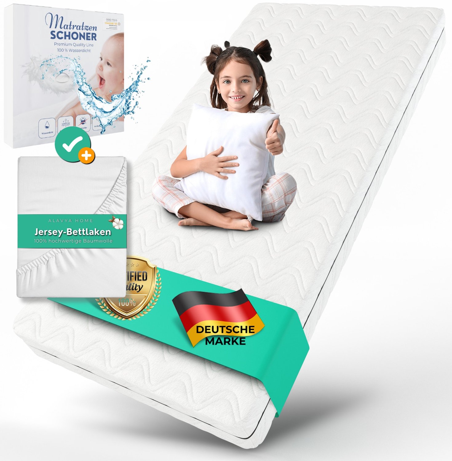 Alavya Home COZY kindermatras 80 x 160 cm koudschuim met hoeslaken en matrasbeschermer, wit