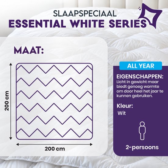 Overzicht Essential White Series: wit 2-persoons dekbed van 200x200 cm, lichtgewicht, geschikt voor alle seizoenen.