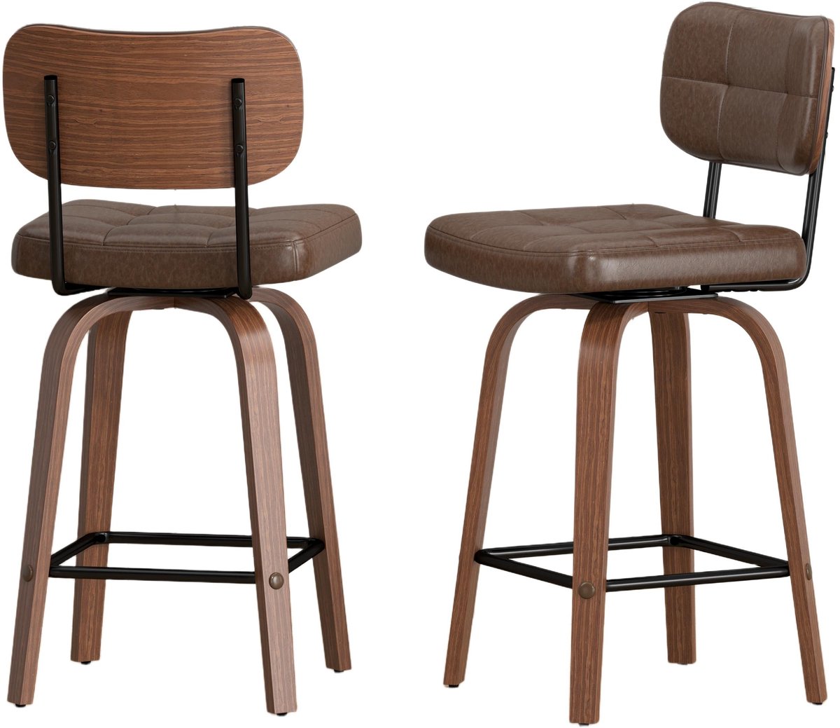 Merax Barhocker Set Van 2 - 360° Draaibaar - Bruin Kunstleer - Walnoot Houten Onderstel - Met Rugleuning - Zithoogte 66 cm