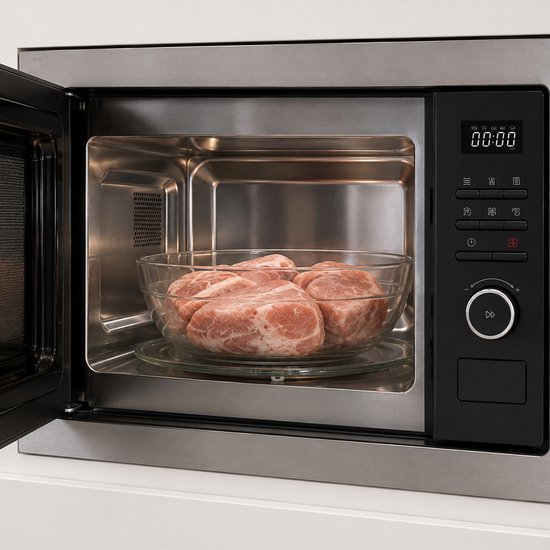 Open Heinner inbouwmagnetron met daarin een glazen schaal gevuld met rauw vlees op de draaischijf.