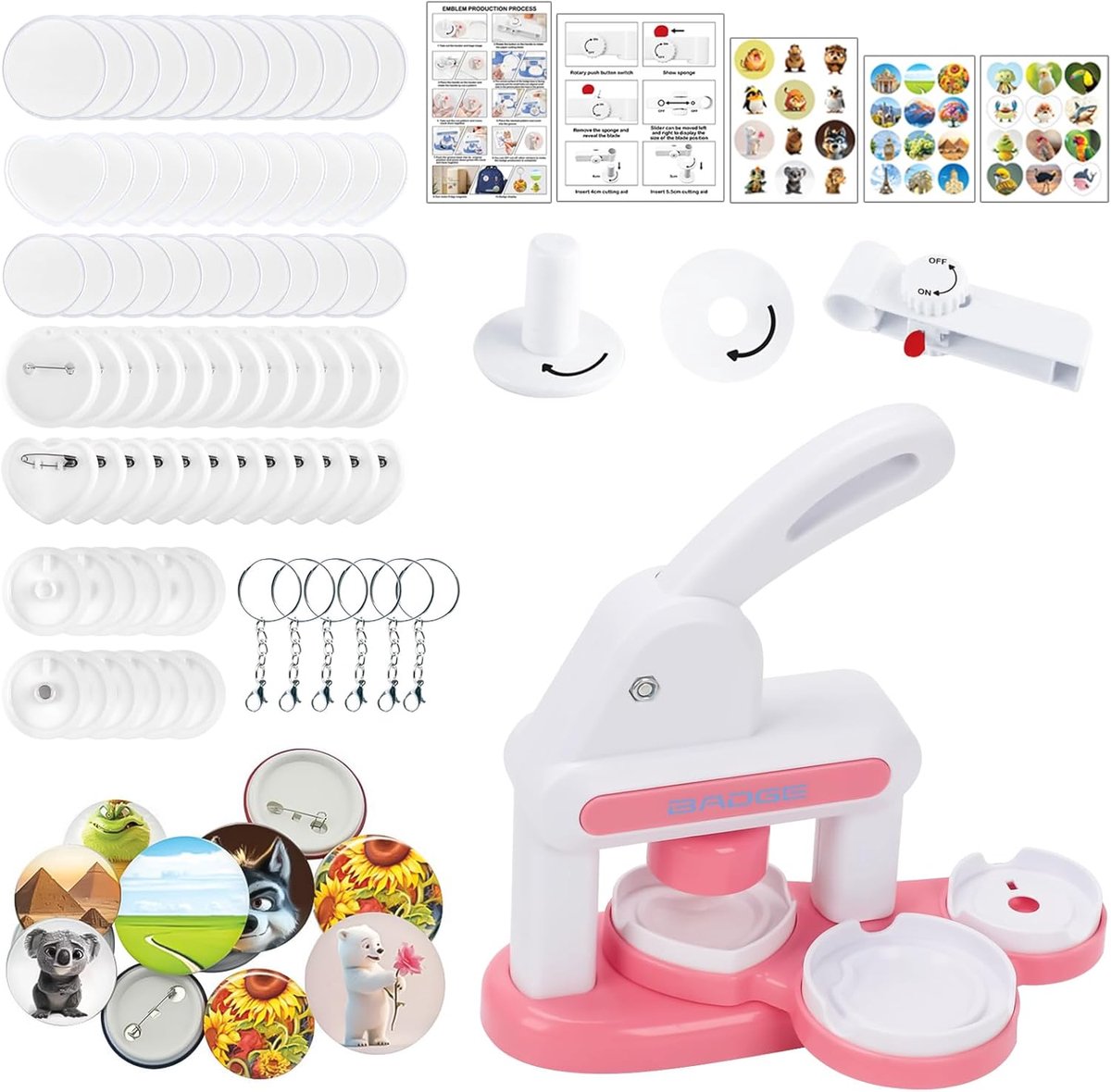 Maker Badge Machine, 55mm/35mm DIY Button Maker Badge Druk de DIY Button Press Machine met 36 patronen en 36 badge-onderdelen voor het maken van badges (Roze)
