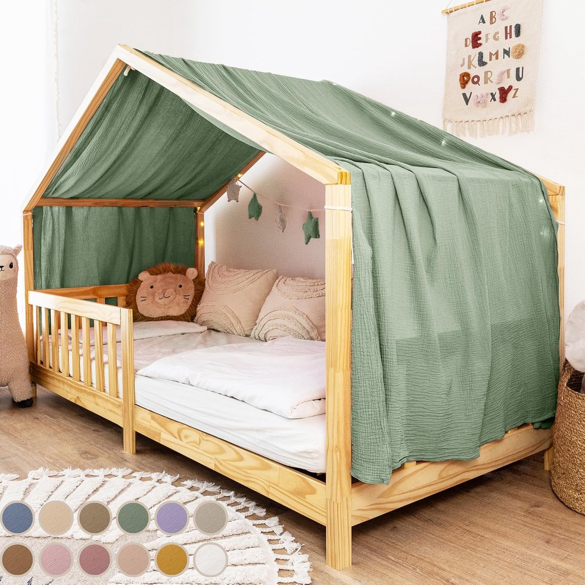 Lilimaus Hemelbedgordijn, groen, van mousseline van 100% katoen, handgemaakt, decoratief voor huisvormig bed voor meisjes en jongens, gordijn