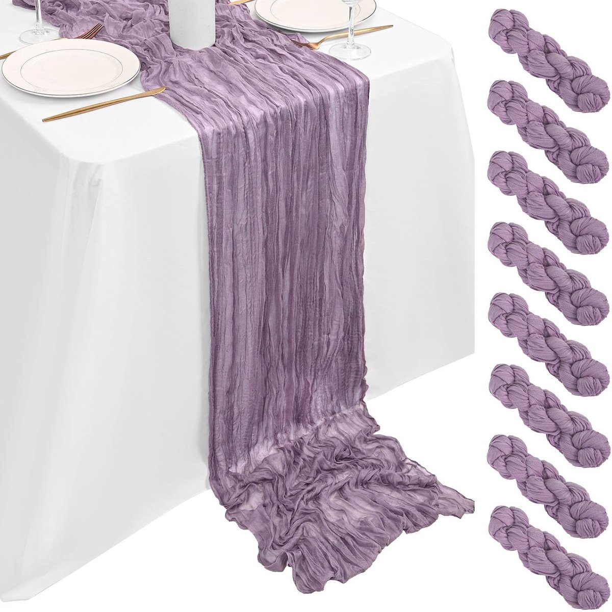 8-pack paarse kaasdoek tafelloper 3,05 m, paars kaasdoek tafelloper rustieke gaas stof doorschijnende bohemische tafeldecoratie voor huwelijksreceptie bruids douche baby douche (90x300cm)
