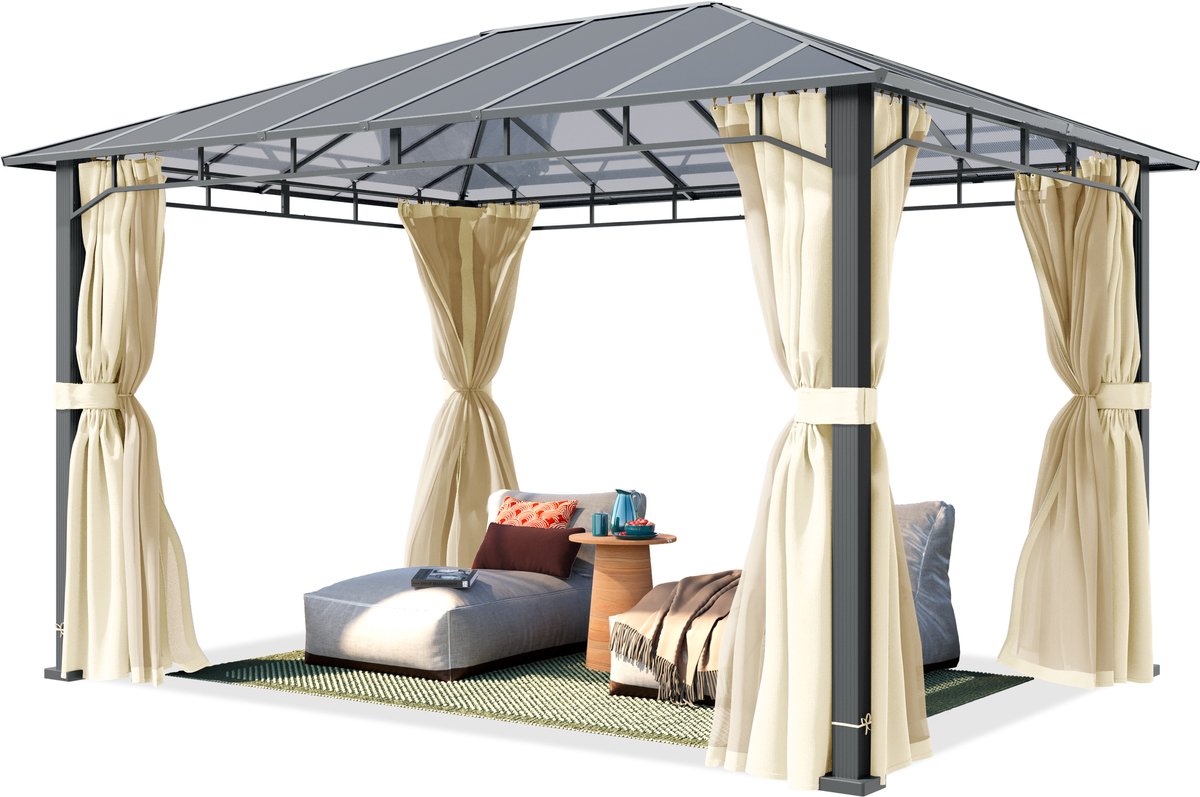 TOOLPORT Tuinpaviljoen 3x4 m, aluminium, polycarbonaat dak ca. 8 mm, beige - met zijwanden en muggennetten